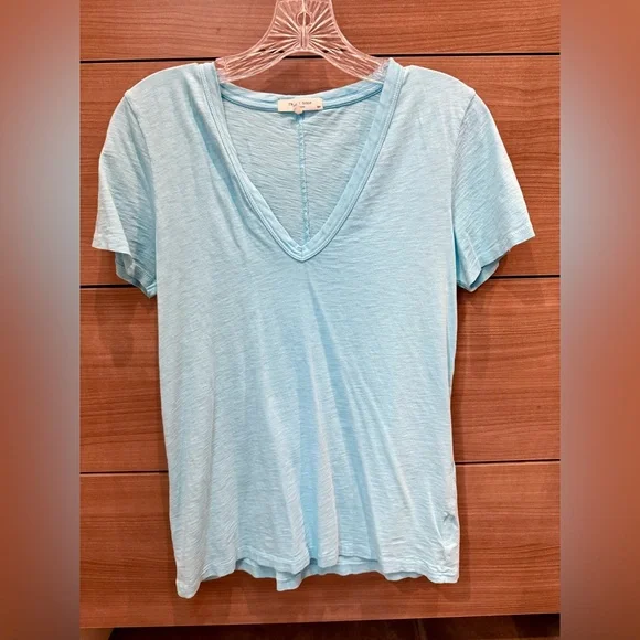 rag & bone The Slub V-Neck Tee in Aqua Size Small - Picture 3 of 5